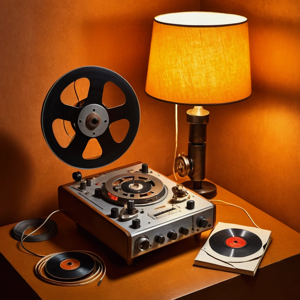 (artistic drawing), somewhere in an hald deleted labyrinth, view from above of of a reel-to-reel revox tape recorder under a lampshade without light, beside the lamp there is an african stringed-instrument in process of ascension