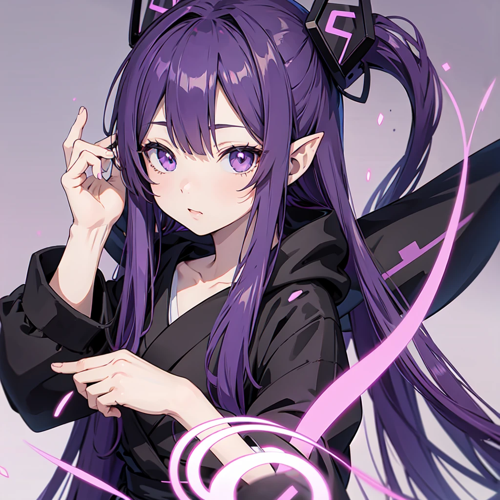 Anime girl with long purple hair and black robe. Pointy ears. Cute as in manga. Headphones. Front facing