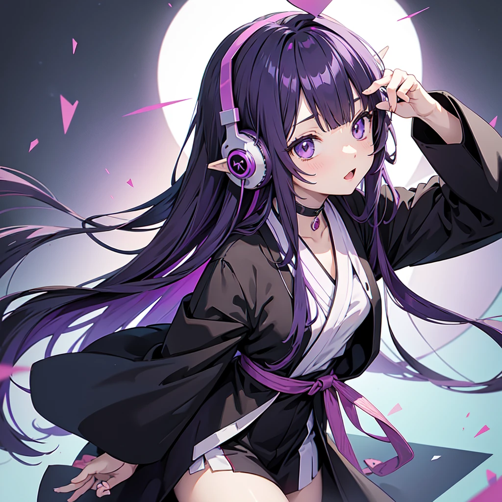 Anime girl with long purple hair and black robe. Pointy ears. Cute as in manga. Headphones. Front facing