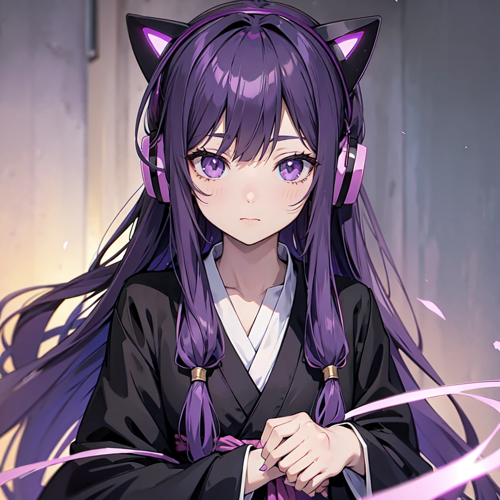Anime girl with long purple hair and black robe. Pointy ears. Cute as in manga. Headphones. Front facing