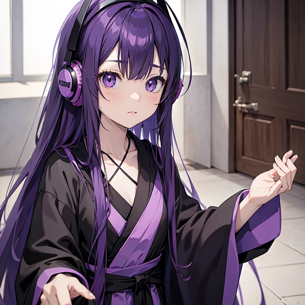 Anime girl with long purple hair and black robe. Pointy ears. Cute as in manga. Headphones. Front facing