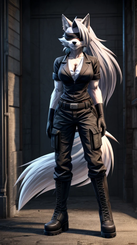 Loona from Helluva Boss, female wolf, anthro, mature adult, white soft hair with ponytail, blindfolded with white cloth, tall, muscular, white shirt, black cargo pants, black boots, black short tactical gloves, solo, beautiful, high quality, precise, full body, anime style, 4K