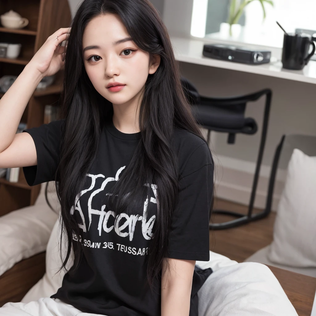 instagram photo, upscaled, ultra hd, ordinary photography, 55mm, realistic a woman 20 year old, Notchika, long hair weavy black, wearing summer tshirt