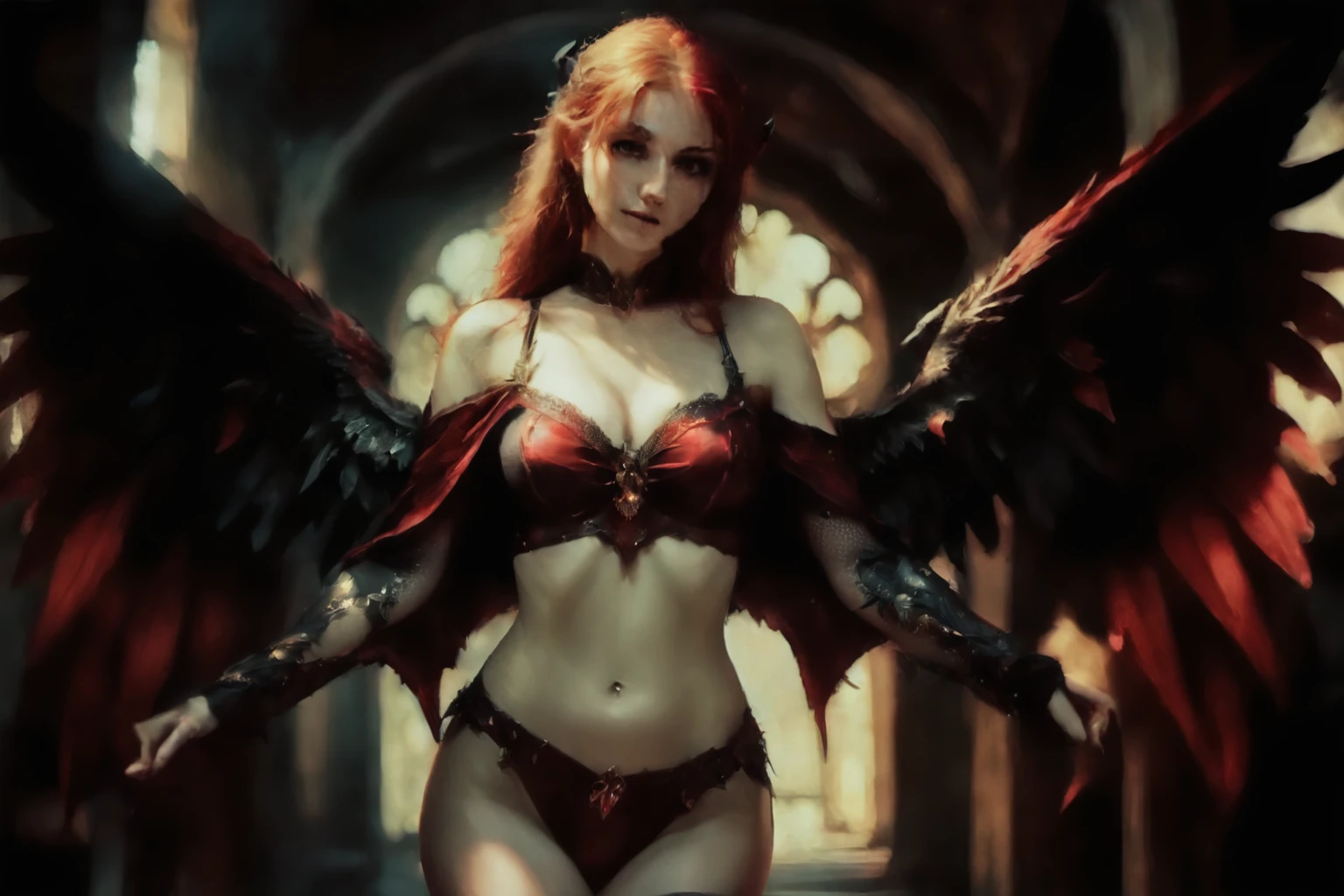 arafed woman with red hair and wings in a dark room, beautiful succubus, succubus | medieval, raven winged female vampire, succubus, diablo 4 lilith, succubus in tight short dress, gothic fantasy art, villainess has black angel wings, lilith, beautiful elegant demon queen, cinematic goddess body shot, epic fantasy art style hd, ((highres:1.3))