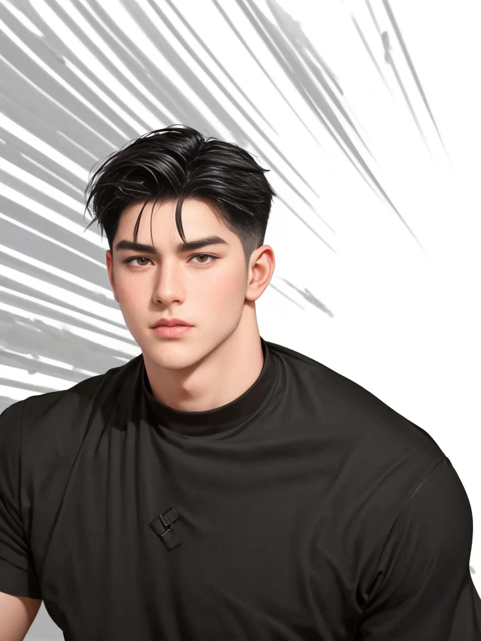 masterpiece, 1boy, adult, handsome, black hair, undercut hair, perfect face, detailed eyes and face, black eyes, clean shaved, muscular, capturing a rural atmosphere, dynamic lighting, unreal engine 5, hd picture,
