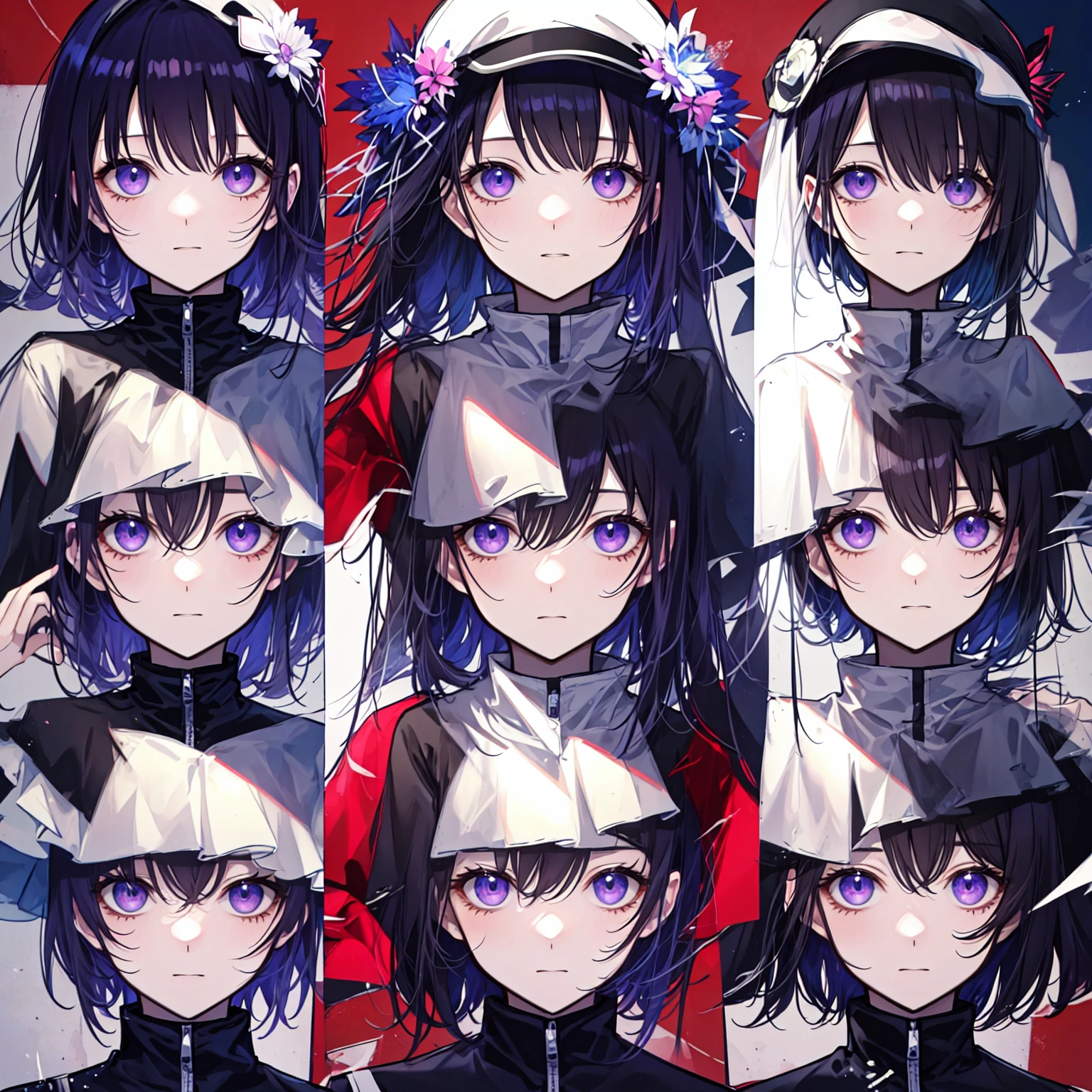 make a image in a a grid of nine panels, like a sprite sheet, in images have to be a anime girl portrait, same girl in all panels, As the sequence progresses, the character's hair becomes increasingly disheveled and animated, suggesting movement or wind action