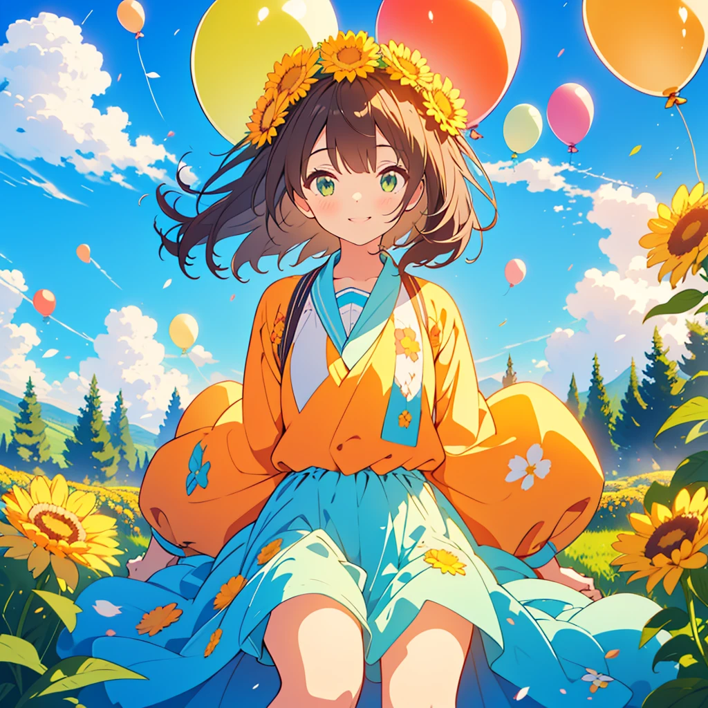 kawaii, anime, Cute, hyper quality, highly detailed, 8k, Clarity, dark brown long hair, smile, green eyes, western chrysanthemum, small marigold flower garden, wear a flower crown, sit on a flowering hill, colorful balloons, balloons are flying in the sky, flower garden, morning dew, Shining light, particles of light, dazzling smile, Draw facial expressions in detail, Draw the eyes in detail, private clothes, A breeze flows, celebration, A large number of balloons fly into the sky, look up at the sky, A dynamic posture, balloon, clear blue sky, the bird flaps its wings, happy birthday, blue sky, clear sky, rainbow colored balloons, colorful balloons, release a large number of balloons into the sky, upper body, hold one's hand in the sky, 	