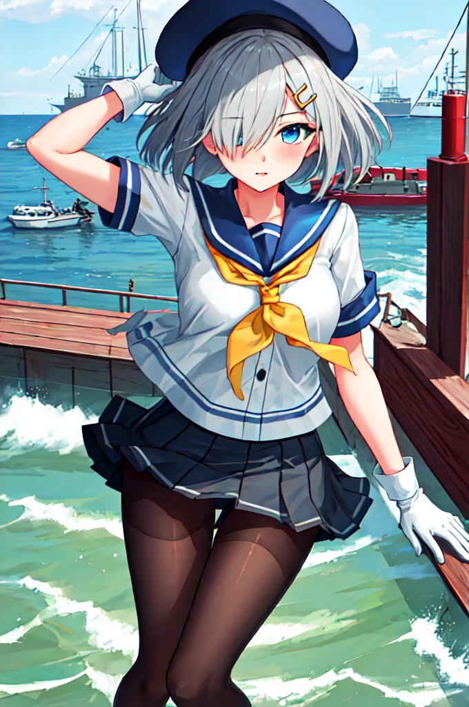best quality, masterpiece, highres, solo, {hamakaze_kantaicollection:0.90}, 1girl, black_pantyhose, pleated_skirt, serafuku, short_sleeves, simple_background, white_background, yellow_neckerchief, white_gloves, looking_at_viewer, grey_skirt, blush, eyes_visible_through_hair, blue_sailor_collar, dynamic_posing,long_bangs,hair_over_one_eye,harbor_school_landscape_background,outdoor,