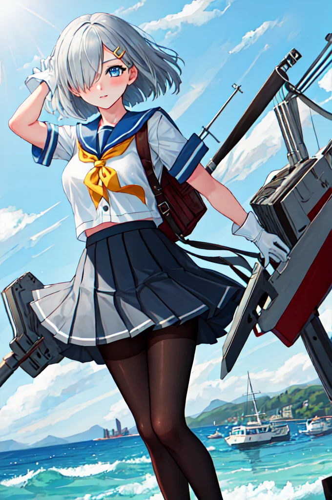 best quality, masterpiece, highres, solo, {hamakaze_kantaicollection:0.90}, 1girl, black_pantyhose, pleated_skirt, serafuku, short_sleeves, simple_background, white_background, yellow_neckerchief, white_gloves, looking_at_viewer, grey_skirt, blush, eyes_visible_through_hair, blue_sailor_collar, dynamic_posing,long_bangs,hair_over_one_eye,harbor_school_landscape_background,outdoor,