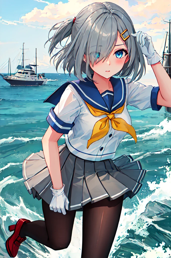 best quality, masterpiece, highres, solo, {hamakaze_kantaicollection:0.90}, 1girl, black_pantyhose, pleated_skirt, serafuku, short_sleeves, simple_background, white_background, yellow_neckerchief, white_gloves, looking_at_viewer, grey_skirt, blush, eyes_visible_through_hair, blue_sailor_collar, dynamic_posing,long_bangs,hair_over_one_eye,harbor_school_landscape_background,outdoor,