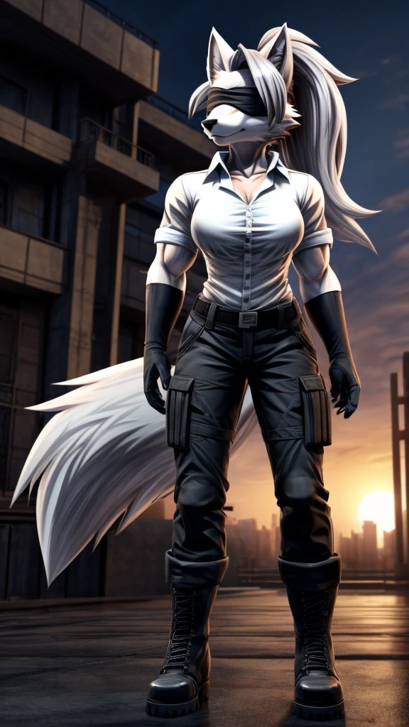Loona from Helluva Boss, female wolf, anthro, mature adult, soft white short hair with ponytail, blindfolded with white cloth, tall, muscular, white shirt, black cargo pants, black boots, black short tactical gloves, solo, beautiful, high quality, precise, full body, anime style, 4K