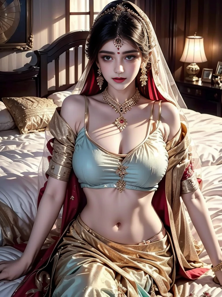 A beautiful and cute 16-year-old Pakistani girl , Wearing traditional Indian lahenga choli , Full body cover , Her white skin and slim figure are out of place with her large breasts. , Very large breasts , Slim Belly , Beautiful Eyes , big , 8k quality photos,Lying on a bed in a luxurious interior bedroom, blushing face