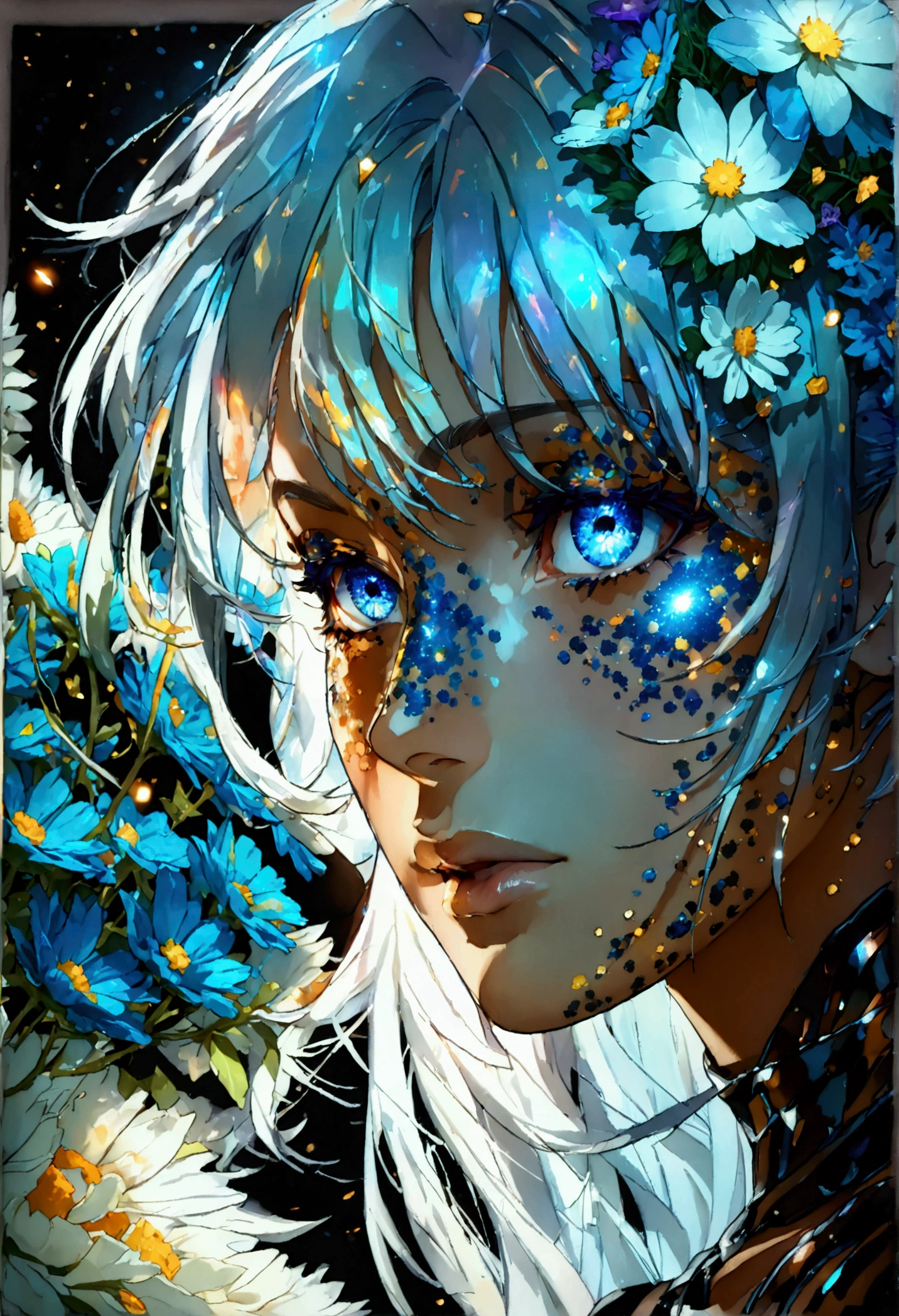 PORTRAIT, only face portrait, macro, a battle angel portrait, beautiful white skin with sparkles and glitter, long long hair with blue flowers on hair, shiny and lightening eyes, cosmos eyes, next to a white tiger, highly detailed fur (vectorized) blue lightening eyes, detailed skin, image is compelling with dynamic composition and energetic posing. Include many fantasy details such as bumps, phantasmal iridescence, glitter, galaxy, cosmos, ((dark celestialskin body, void cosmic body)), (((dark background))), (((lights off))), (((hollywood dark))), horror, dramatic shadows, (in a dark fantasy space:1.3, glitter, sparkle, gleam) vector digital illustration, (black background:1.5)sharp