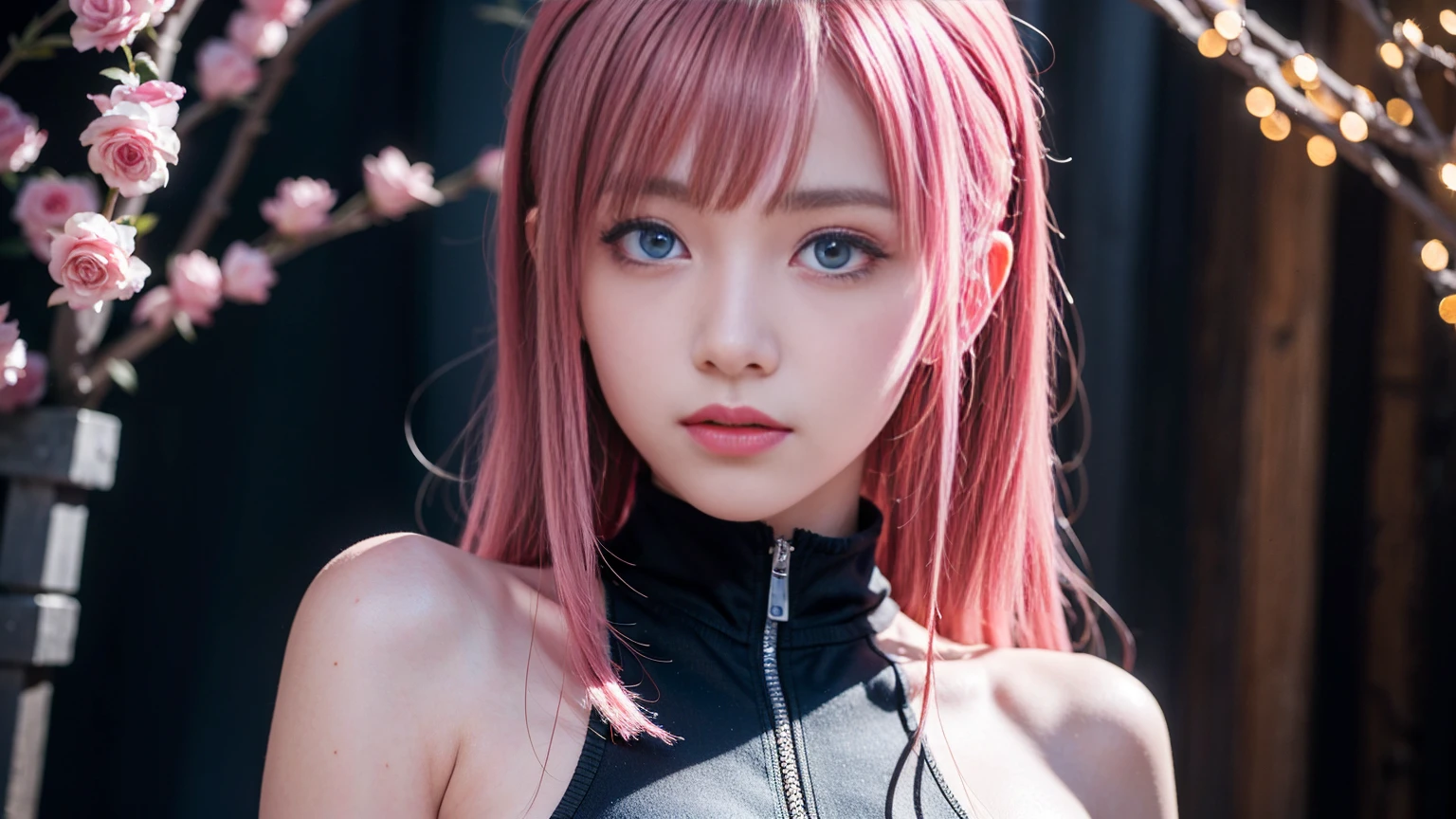 (masterpiece:1.4), (best quality:1.4), ultra high res, ultra high resolution, ((detailed facial features)), HDR, (realistic, photorealistic, photo-realistic:1.37), full body Esbian, sexy Japanese model, (-anime), only 1 model, vivid colors, ((vivid colors multicolor (fuchsia, pink, light blue, purple) very short hair)), ((smiling face)), lip-gloss, long lashes, ultra detailed metallic makeup, defined eyebrows, wearing a red silk Paradise Kiss cosplay dress with black floral embroidery, ((vivid colors outfit)), vivid colors, look at the camera, cinematic light, large park background with trees, sweet and sexy pose