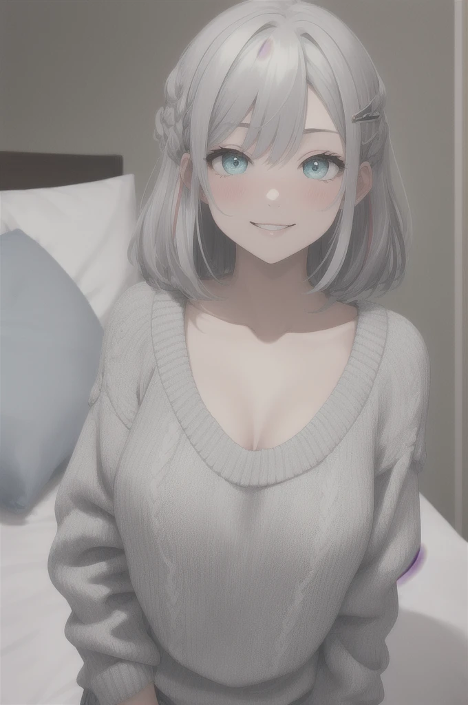 (masterpiece, best quality), hyperdetailed, clean lines, one girl,, blush, ash_hair, (silver_hair:1.3), thin hair clip, cyan colorshift eyes, expressive eyes, collarbone, smile, morning, sunshine, (Large sweater), (full shot), my room ,on the bed, wariza,