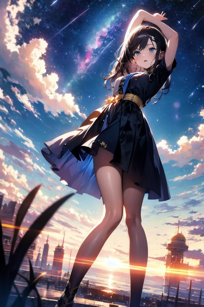 absurdres, highres, (official art, beautiful and aesthetic:1.2), close view, arm up from below
1girl, shining sky, vast world, gazing, awe-inspiring expression, distant horizon, clouds, high hill, natural beauty, inspiration, night sky, Shining Stars,
apstyle