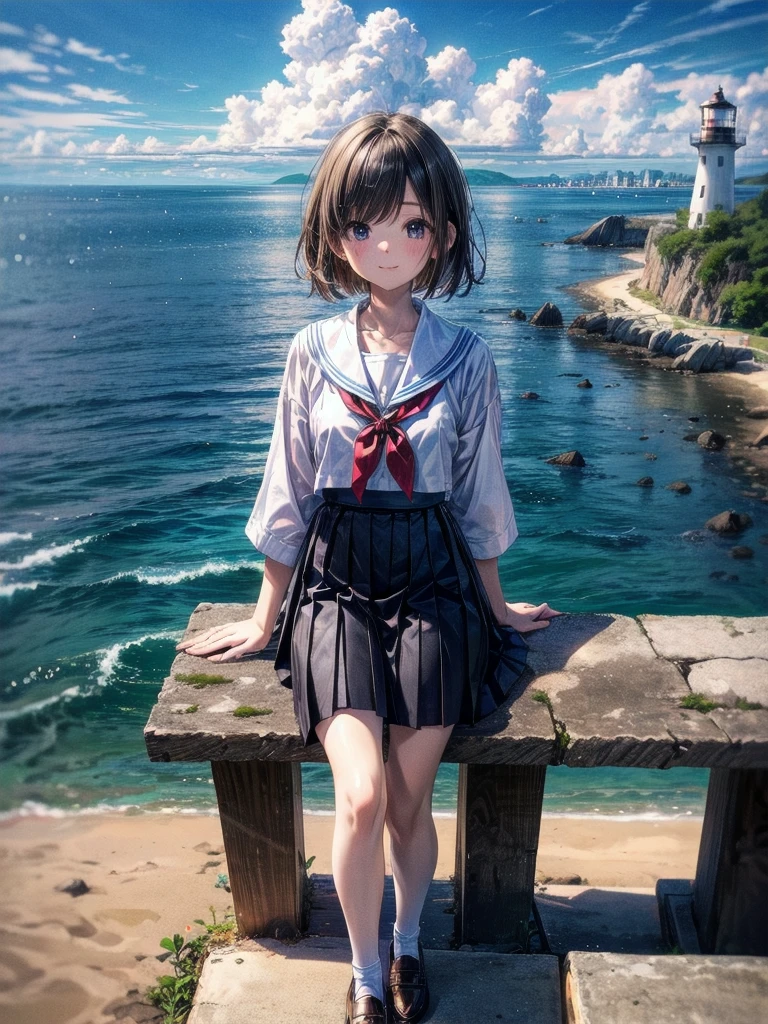 ((最high quality, 8k, masterpiece: 1.3, Ultra HD, high quality, 最high quality, High resolution, realism)) 、Very beautiful 18 year old Japanese 、I'm wearing a sailor suit、Wearing a navy blue pleated skirt、Wear loafers、Hair color is light brown、black eye、Medium Hair、Straight hair、smile、sit on a high breakwater on the beach、The blue sky is beautiful、There is a road in front of the breakwater...、The sea is beautiful、Beautiful horizon、 An island can be seen offshore、Entering the clouds above the horizon、Island Lighthouse