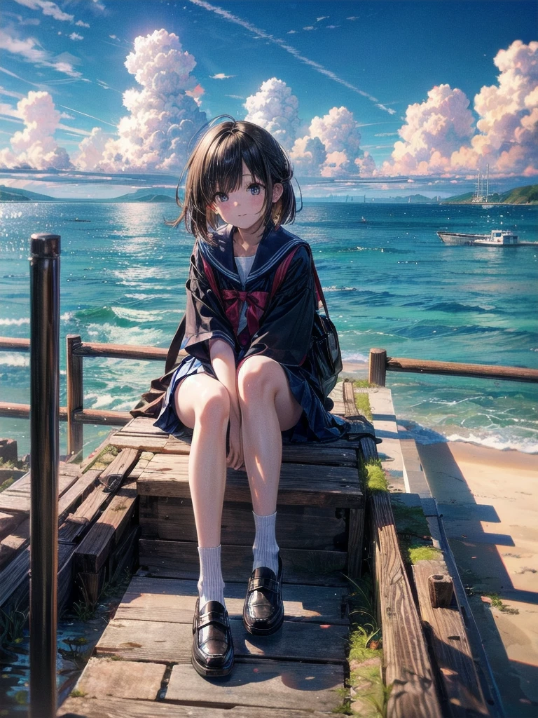 ((最high quality, 8k, masterpiece: 1.3, Ultra HD, high quality, 最high quality, High resolution, realism)) 、Very beautiful 18 year old Japanese 、I'm wearing a sailor suit、Wearing a navy blue pleated skirt、Wear loafers、Hair color is light brown、black eye、Medium Hair、Straight hair、smile、sit on a high breakwater on the beach、The blue sky is beautiful、There is a road in front of the breakwater...、The sea is beautiful、Beautiful horizon、 An island can be seen offshore、Entering the clouds above the horizon、Island Lighthouse