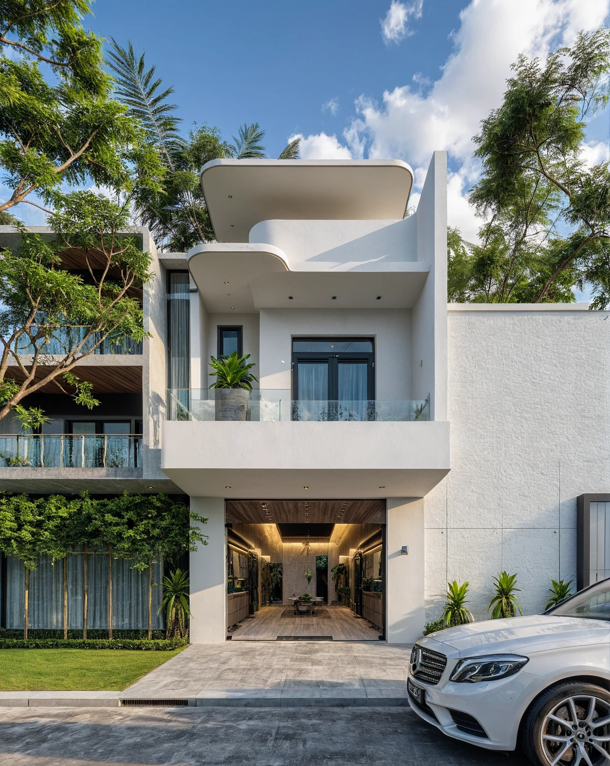Masterpiece, high quality, best quality, authentic, super detail, outdoors, onestoreyvillaXL, aiaigroup, house style modern on the street ,stairs ,curve linear, white wall ,road,pavement, grass, trees, sky, cloud, (daylight:1.1)