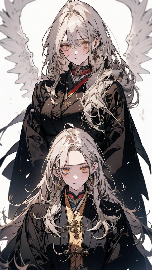 (Top resolution、Distinct_image)top-quality、A girl 、masterpiece、highly detailed, half body, Semi-realistic、yellow eyes 、18year old, silver hair,young 、Exquisite facial features、Facial features ,variation potrait, long hairstyles, age, cool , cold sharp eyes, An expression of despair., lifeless eyes, blood on face, , {Very detailed 8k CG unit wallpaper}, Handsome, solo, female, , loyalty ,Japanese kimono, detailed eyes, beautiful eyes, gorgeous body , cool , warriors, guardians