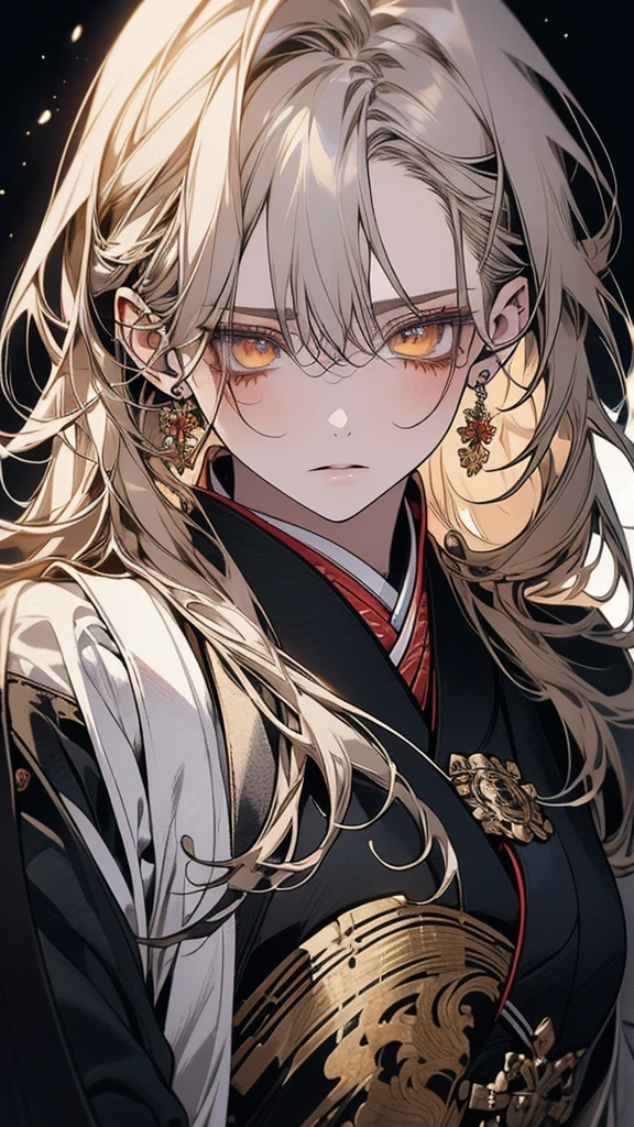 (Top resolution、Distinct_image)top-quality、A girl 、masterpiece、highly detailed, half body, Semi-realistic、yellow eyes 、18year old, silver hair,young 、Exquisite facial features、Facial features ,variation potrait, long hairstyles, teenage, cool , cold sharp eyes, An expression of despair., lifeless eyes, blood on face, , {Very detailed 8k CG unit wallpaper}, Handsome, solo, female, , loyalty ,Japanese kimono, detailed eyes, beautiful eyes, gorgeous body , cool , warriors, guardians