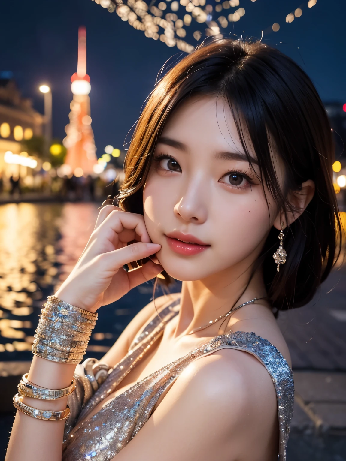 8k, (RAW Photos:1.2), (Photorealistic), Beautiful details, Famous popular idol、 (Genuine: 1.4), Very detailed目と顔, Beautiful and fine details, ((Glittering night illuminations at the square:1.2)), ((Women&#39;s Suits:1.3, Ultra-realistic pantyhose:1.2))、Selfie、Instagram、A tough challenge、Large file size, High resolution, Very detailed, Highest quality, [masterpiece:1.6], Awareness-raising, Very detailed, Browsing Caution, In detail, Highest quality, 8k wallpaper, Cinema Lighting, One mature woman, 36 years old, Perfect body, Beautiful big droopy eyes, ((Tabletop)), Highest quality, eye shadow,  High heels、Portraiture、(A very loving smile:1.2)、Realistic skin texture、Glowing Skin、Exposed thighs, Low angle photo, Inverted nipples, Full Body Shot,
