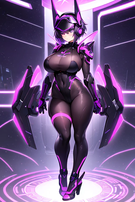 1girl, blue eyes, purple hair, very short hair, large breasts, hourglass figure, smile, bodysuit, black bodysuit, neon, neon trim, machinery, tech, science-fiction, futuristic, standing, full body, ((full body)), pantyhose, high heels