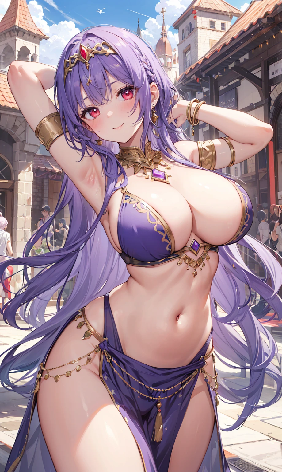 high quality, ultra detailed, best quality, insanely detailed, beautiful, masterpiece, 1girl, medieval plaza, cowboy shot, red eyes, long hair, purple hair, belly dancer, circlet, earrings, armlets, bracelets, bashful smile, large breasts, cleavage, soft stomach