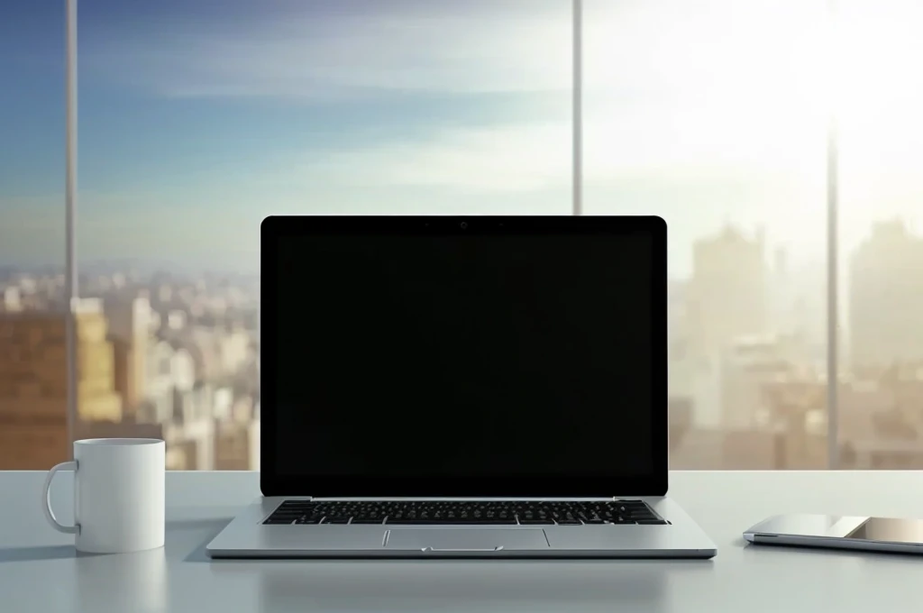 there is a retangular laptop computer sitting on a Wooden desk with a cup of coffee, wide-screen, laptop, working on a laptop at a desk, a computer rendering, pc screen image, office background, computer, computer cgi, high quality image, laptops, in front of a computer, wide screen, computer render, widescreen, large screen, 8k
