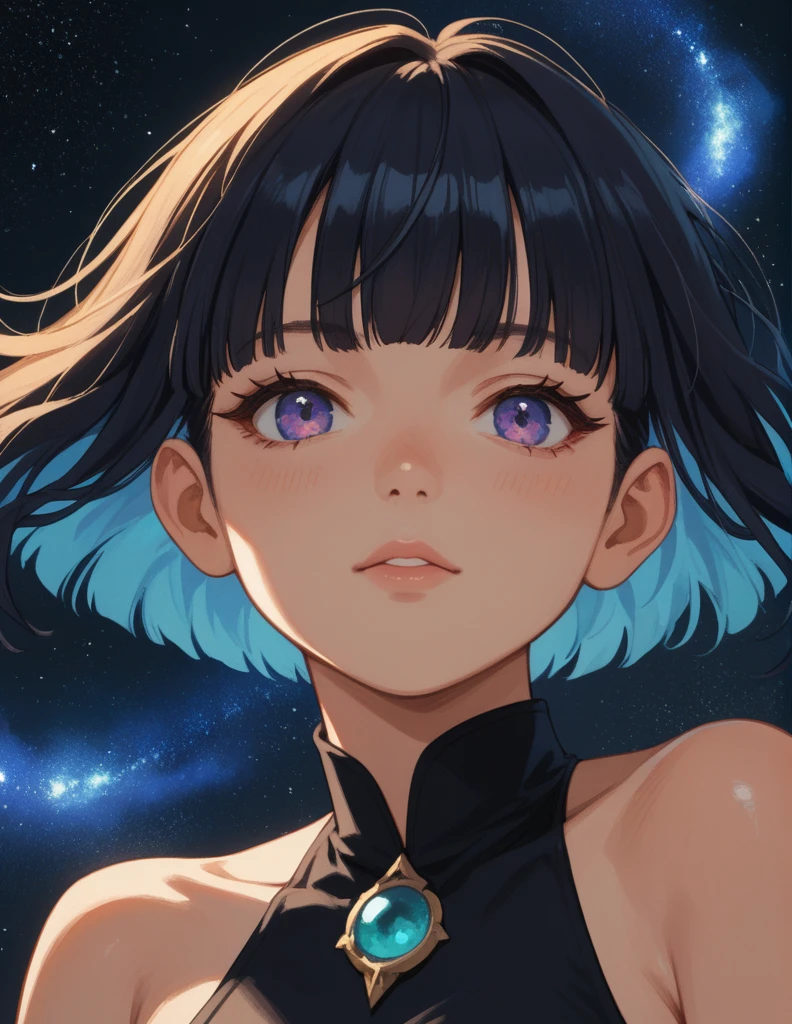 score_9, score_8_up, score_7_up, score_6_up, score_5_up, rating_questionable,  source_anime,  1girl, portrait,  multicolored hair, fringe, bare shoulders, upper body, cosmic