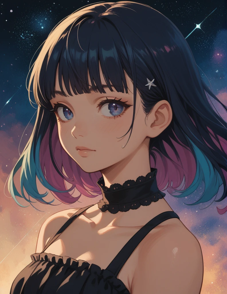 score_9, score_8_up, score_7_up, score_6_up, score_5_up, rating_questionable,  source_anime,  1girl, portrait,  multicolored hair, fringe, bare shoulders, upper body, cosmic