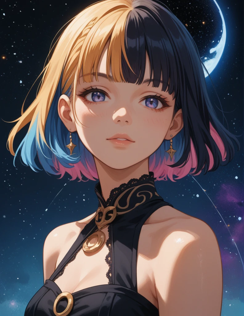 score_9, score_8_up, score_7_up, score_6_up, score_5_up, rating_questionable, source_anime, 1girl, portrait, multicolored hair, fringe, bare shoulders, upper body, cosmic