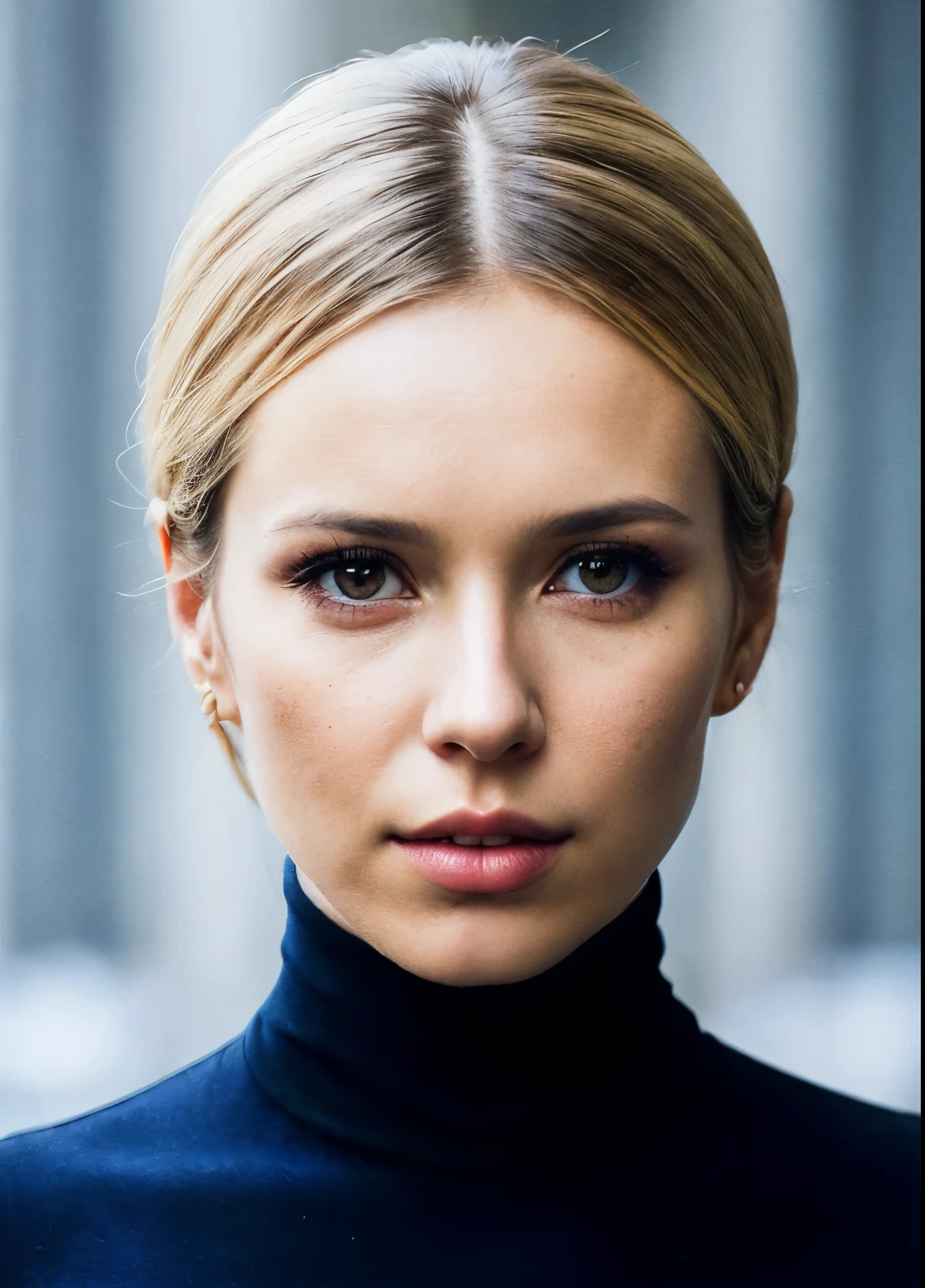 A stunning and intricate color portrait of (Woman:1), wearing a black turtleneck, epic character composition, por Ilya Kuvshinov, alessio albi, nina masic, sharp focus, natural lighting, underground dispersal, f2, 35mm, film grain,