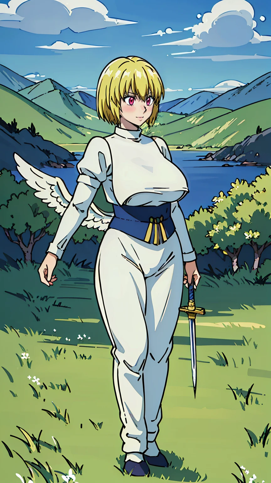 woman in her 20s、1 person、Angelic、There are large white wings on the back、Has 6 wings、Swan wings、With a round face、round chin、Close-up of a woman in armor holding a sword, Armor girl, female knight, big and full breasts、full armor, full armor, gorgeous female paladin, female knight, of a Beautiful female knight, Beautiful armor, Plump、thick waist、wide waist、full armor, armor、Gorgeous full-body armor, Amazing armor, Trending on Art Station Pixiv, Beautiful female knight、has a large sword、Great Sword of Steel、happy look、looking here、Look at me、Lakeside、white military flags lined up, There is a large army behind us far away.、With forest and mountains in the background、black string、Black pattern,kurapika, bob hair, blonde hair, (long tits:1.1), (huge tits:1.1), (saggy tits:1.2), (BIG ASS:1.2)