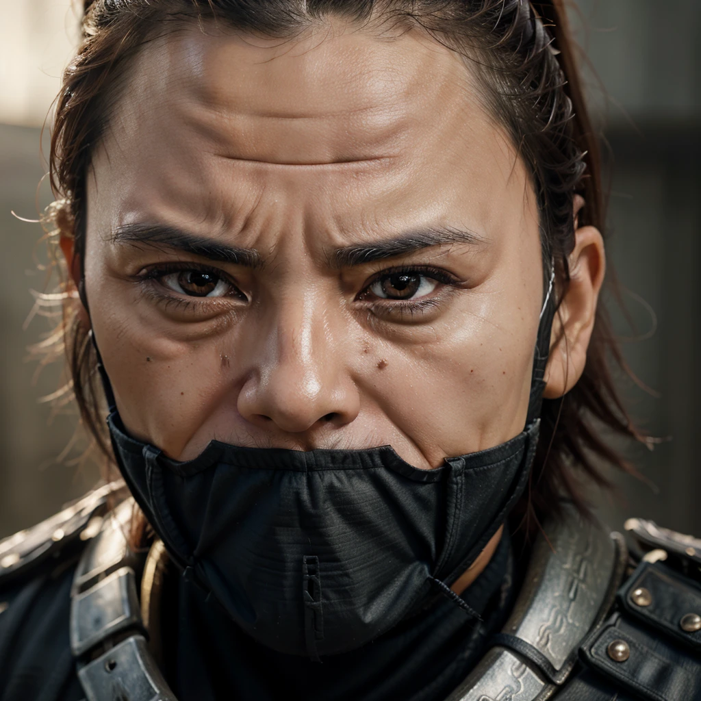 Realistic ultra HD close-up portrait，A samurai wearing a war mask, Wrinkles ,Facial expressions show strong emotions