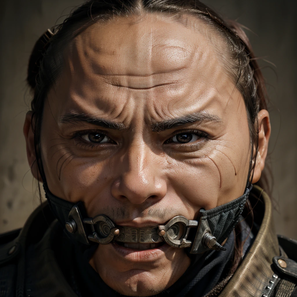 Realistic ultra HD close-up portrait，A samurai wearing a war mask, Wrinkles ,Facial expressions show strong emotions