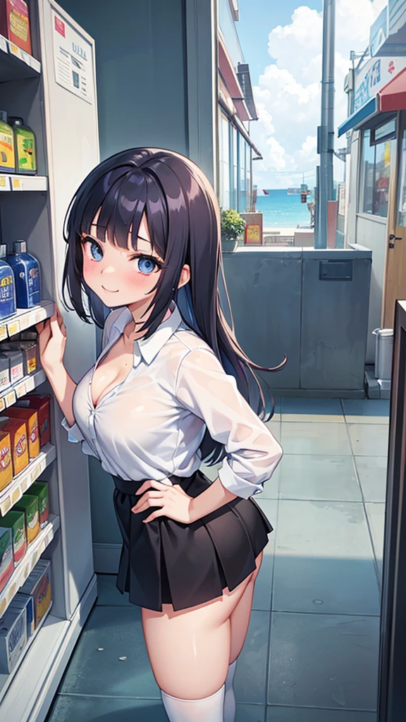 A thin female student with small breasts,{laughing},{nsfw},Inside a convenience store,school uniform,my friend is very surprised,show off nipple