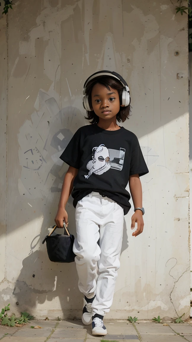 Un garçon au cheveux court, , africain, gros yeux, t-shirt blanc, pantalon, basket noir et blanc, grand casque audio, visage joyeux, debout regard vers le caméra, style Pixar,