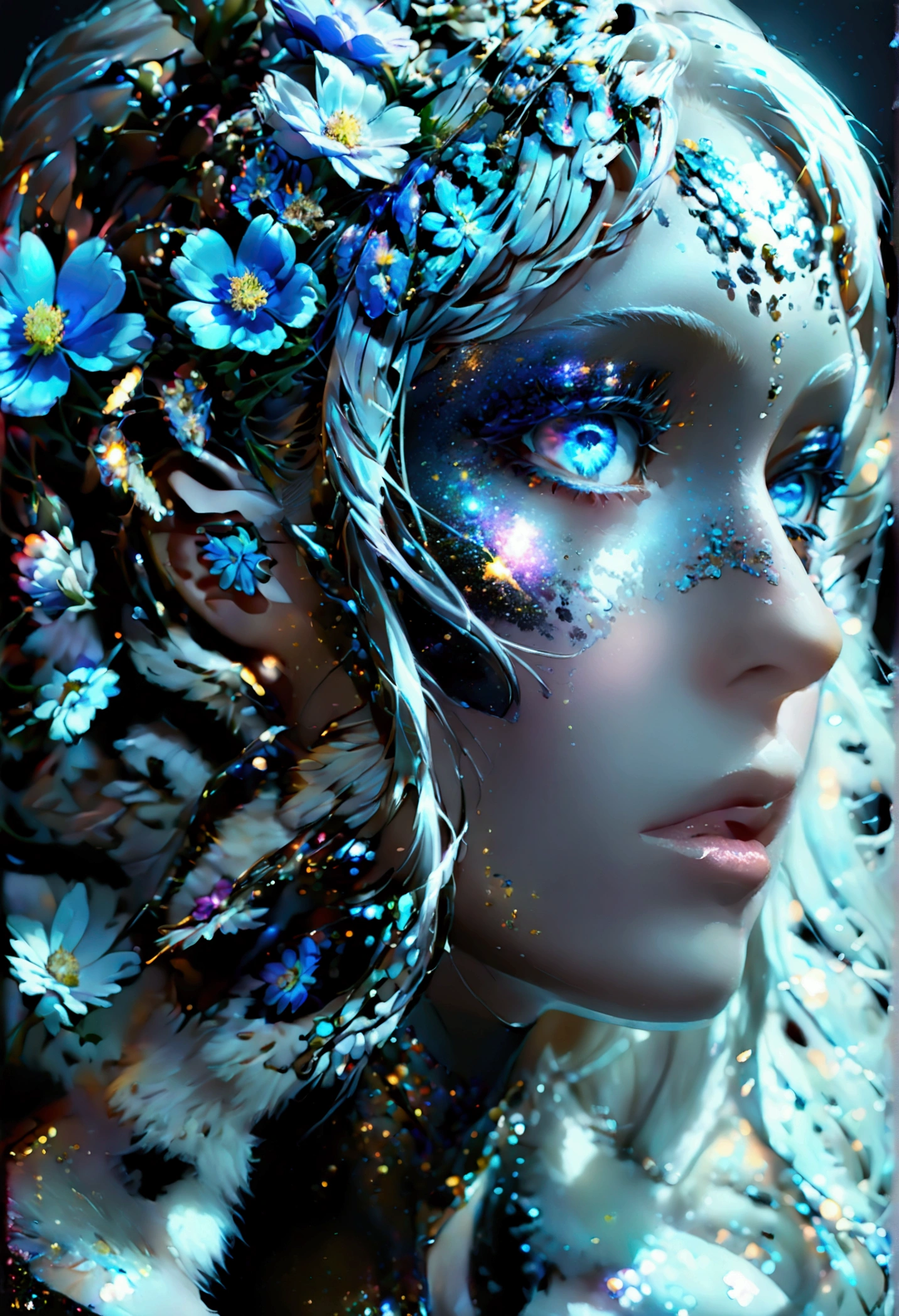 PORTRAIT, only face portrait, macro, a battle angel portrait, beautiful white skin with sparkles and glitter, long long hair with blue flowers on hair, shiny and lightening eyes, cosmos eyes, next to a tiger, highly detailed fur (vectorized) blue lightening eyes, detailed skin, image is compelling with dynamic composition and energetic posing. Include many fantasy details such as bumps, phantasmal iridescence, glitter, galaxy, cosmos, ((dark celestialskin body, void cosmic body)), (((dark background))), (((lights off))), (((hollywood dark))), horror, dramatic shadows, (in a dark fantasy space:1.3, glitter, sparkle, gleam) vector digital illustration, (black background:1.5)sharp