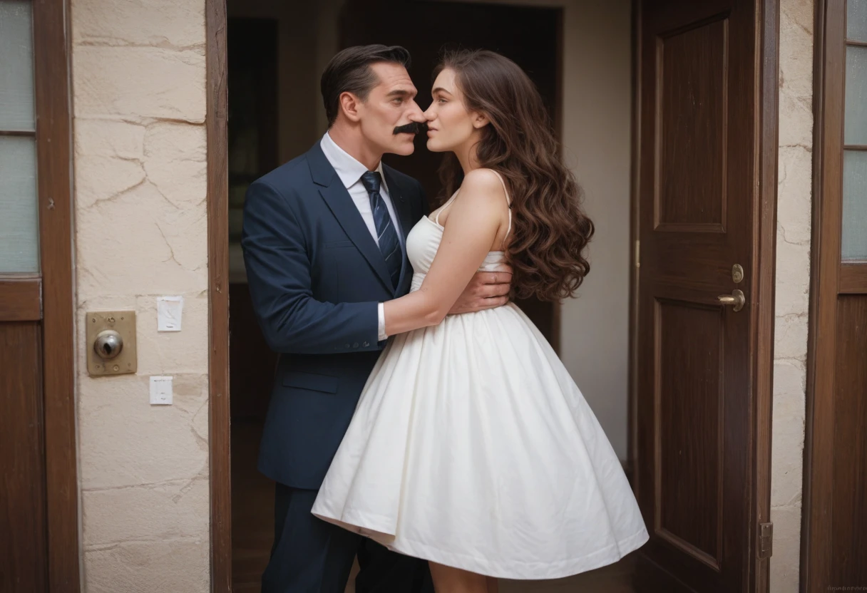 The man in his 45s with black very short hair and smooth face with moustache. The woman in her 45s with brown wavy long hair. The woman is wearing a white dress. The man is wearing a dark blue suit with tie. The man carries the woman in his arms. They are looking at each other with love. They enter the door of the house. Ultra realistic.