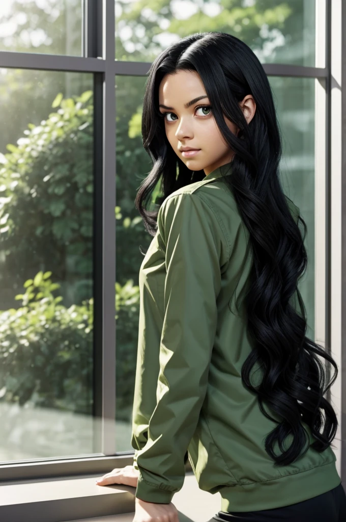 screenshots of My Hero Academia.wavy black hair strong green eyes thin light skin.the background is sitting by the window