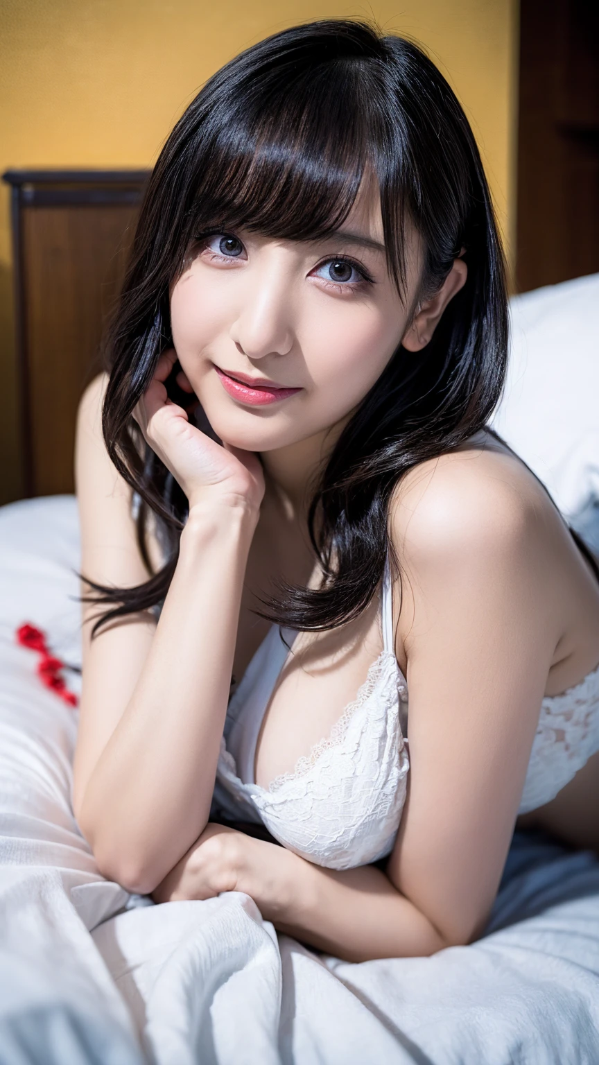 20-year-old, 8k, RAW Portrait (Japanese Girls), photo Realistic, Ultra-high resolution, Highest quality, Actual photo , dramatic, Atmospheric, Realistic,
One girl, a very beautiful Japanese Girls, Big Breasts,Glamorous shot of a girl, smile,Bobcut,Textured skin,Hotel,Lace underwear,Good,panty,sexy,pillow,(lying on bed:1.3),sleep,Thighs,Big and beautiful eyes,Rich, Beautifully detailed nose,View your viewers, 