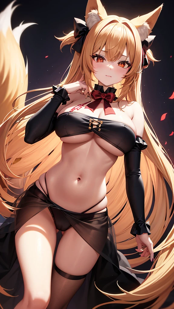 fox woman, wears a maid outfit showing black panties with red bows, has long messy shaggy blonde hair, has red-orange eyes, has a big breast, has fox ears and fox tail.