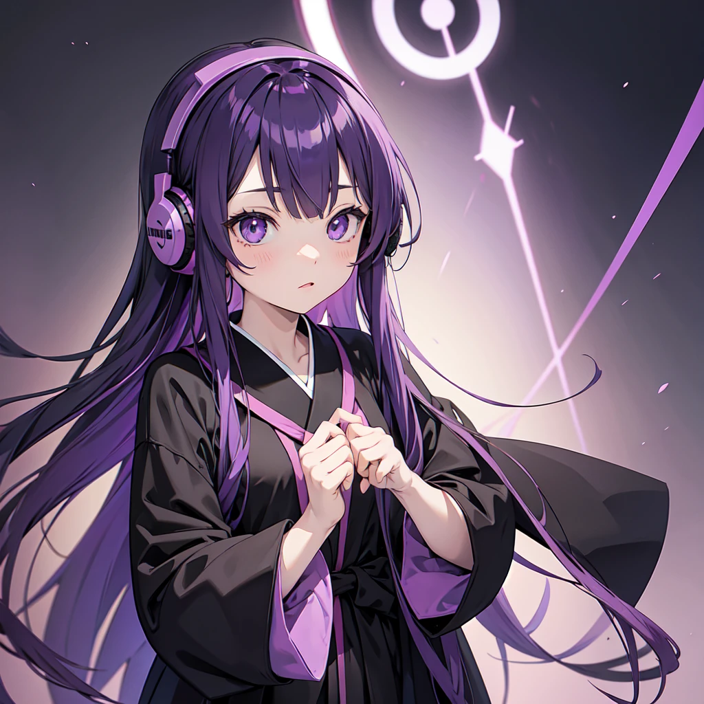 Anime girl with long purple hair and black robe. Pointy ears. Cute as in manga. Headphones. Front facing