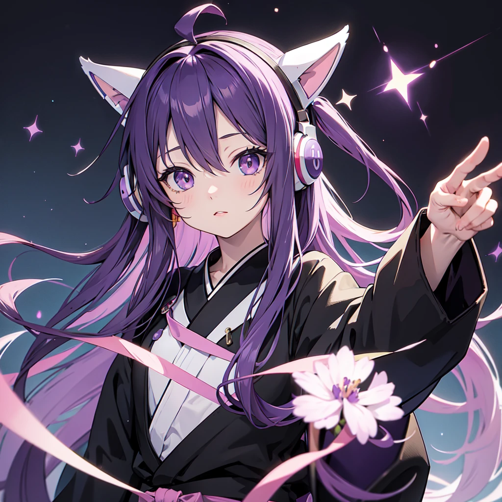 Anime girl with long purple hair and black robe. Pointy ears. Cute as in manga. Headphones. Front facing