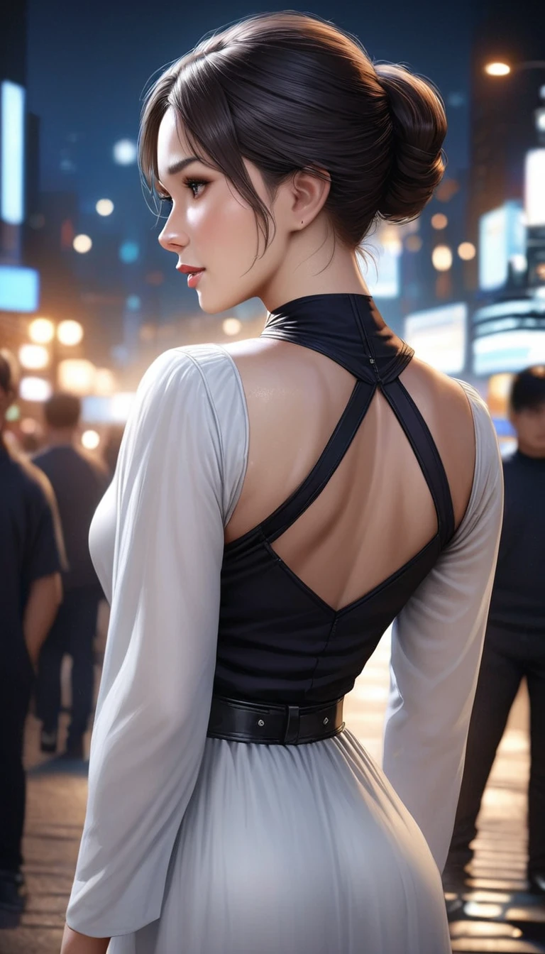 (best quality,4k,8k,highres,masterpiece:1.2),ultra-detailed,realistic,photorealistic:1.37,a woman in white dress and black top posing for a photo on the street at night,city street background,blue background,blue foreground,depth of field,from behind,looking at the audience,glancing back,dress,a woman standing at a street corner wearing a black top and white dress,high neck and black belt,city lights,lamp,motion blur,nighttime,decorated