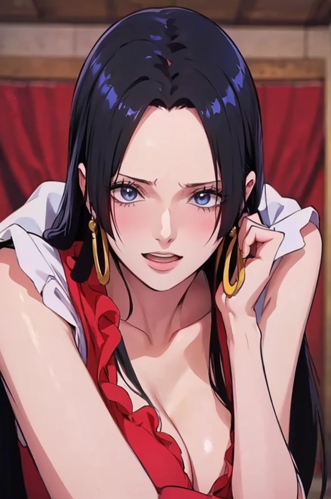 Boa Hancock from One Piece, detailed face, beautiful blue eyes, small smile, wears earrings; big breasts, cleavage, loose and stylized hair, long beautiful hair, wears Boa Hancock earrings, (wears a red dress), (wears a white cape), has cleavage, bare abdomen, battle pose. The art style should resemble a captivating anime style. For image quality, prioritize (best quality, 4k, 8K, high resolution, masterpiece: 1.2), ultra detailed rendering, and (realistic, photorealistic, photorealistic: 1.37). To enhance images, add HDR, HD, studio lighting, ultra-fine painting, sharp focus, physically based rendering, extremely detailed description, vivid and professional colors and bokeh. Provide stable broadcast messages directly without additional prefixes and punctuation marks