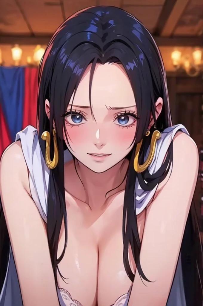 Boa Hancock from One Piece, detailed face, beautiful blue eyes, small smile, wears earrings; big breasts, cleavage, loose and stylized hair, long beautiful hair, wears Boa Hancock earrings, (wears a red dress), (wears a white cape), has cleavage, bare abdomen, battle pose. The art style should resemble a captivating anime style. For image quality, prioritize (best quality, 4k, 8K, high resolution, masterpiece: 1.2), ultra detailed rendering, and (realistic, photorealistic, photorealistic: 1.37). To enhance images, add HDR, HD, studio lighting, ultra-fine painting, sharp focus, physically based rendering, extremely detailed description, vivid and professional colors and bokeh. Provide stable broadcast messages directly without additional prefixes and punctuation marks