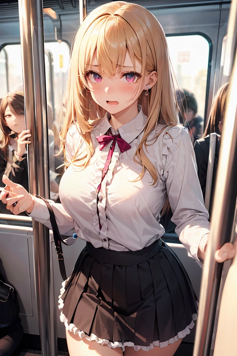 masterpiece, absurdres, best quality, ultra detailed, high Resolution, detailed illustration, bright colour, (extremely beautiful detailed face and eyes, Delicate beautiful face, 1 girl, 18yo, cute face:1.3), (magenta eyes:1.1), sparkling eyes, big eyes, (medium breasts:1.3), (perky breasts:1.1), (pointy breasts:1.1), medium hips, glamorous body, white skin, BREAK, (blonde hair:0.8), messy hair, detailed hair, shiny hair, BREAK (casual blouse, frill skirt, undressed:1.3), perfect lighting, (ecstasy, vulgarity:1.5), (embarrassed:1.3),  (crowded train, Skirt lifted:1.2), 