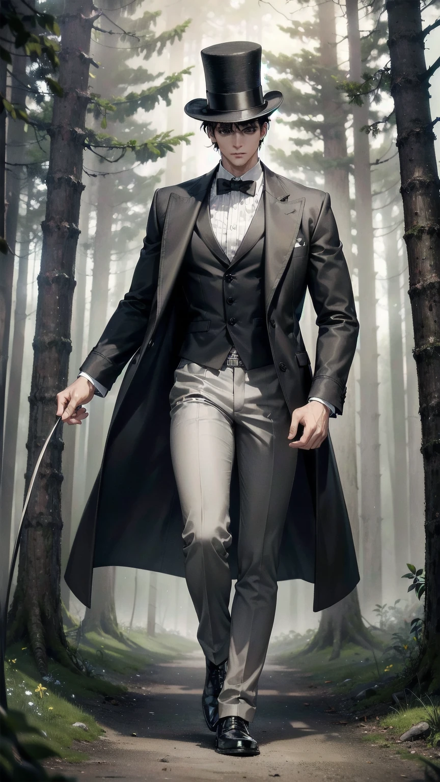 Masterpiece, Superior image quality, high resolution, 4k image, man ,short black hair ,White skin, black eyes, very detailed eyes, tall height, muscled body, gray top hat, long gray trench coat, brown pants walking on a wooded trail, dark forest, at night, fog atmosphere